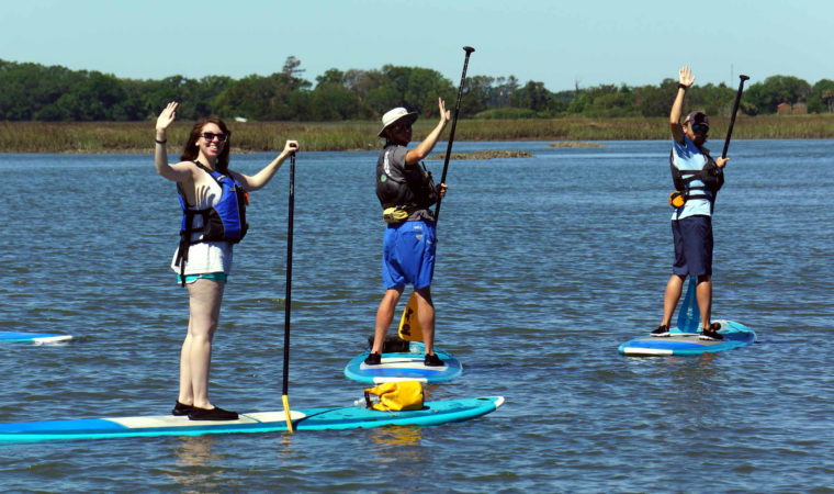 Paddleboarding waving in estuary