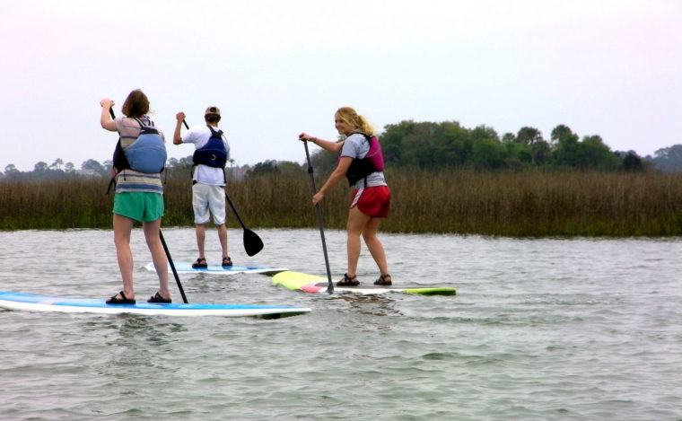 Three people paddleboarding in the salt marsh.